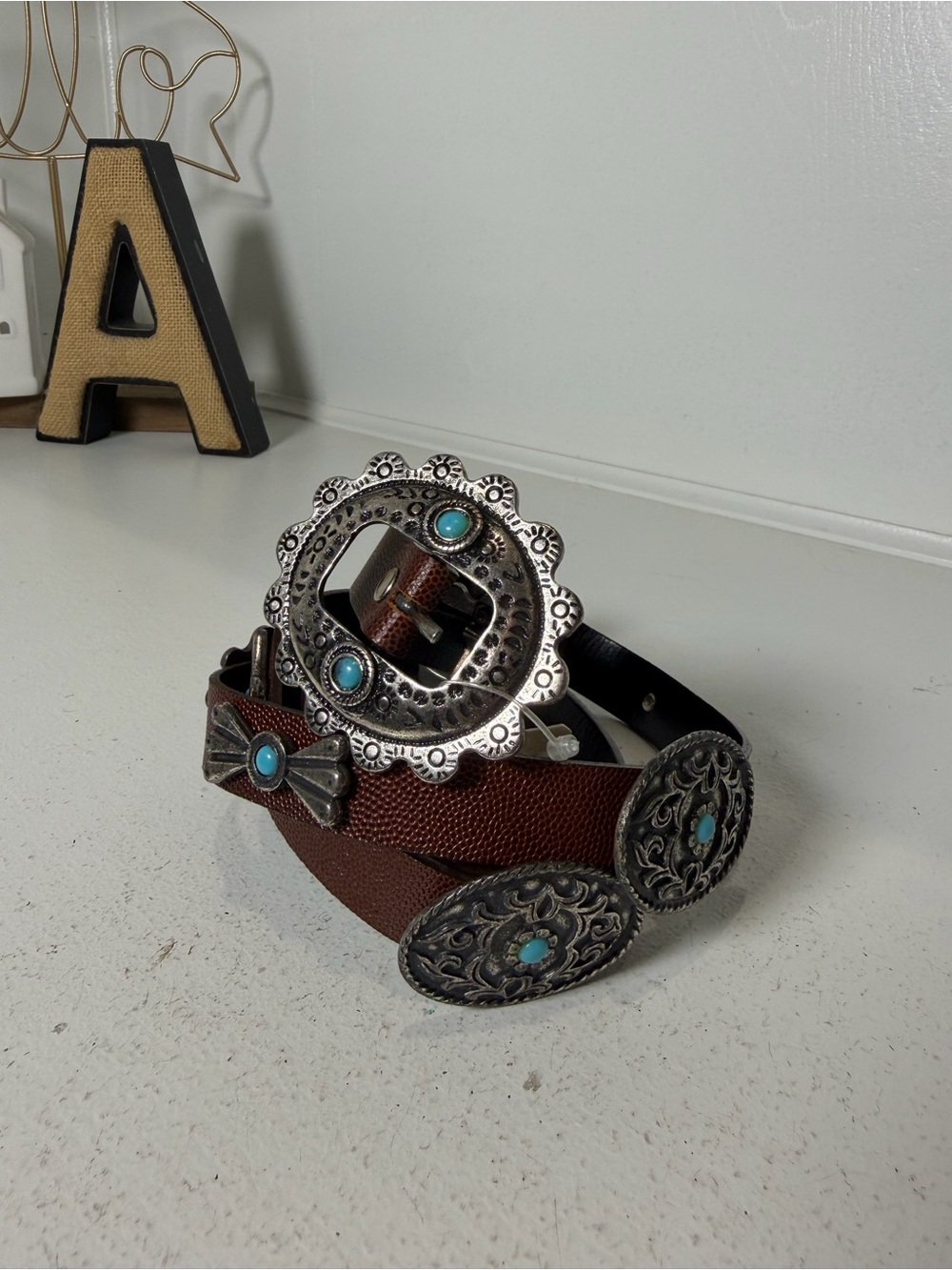 Sandy Duftler Designs Concho Belt Large Brown Leather Turquoise Western USA